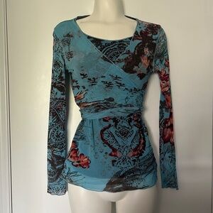 Marc Aurel 90s Vintage Blue Pattern Wrap Detail Fitted Long Sleeve Blouse